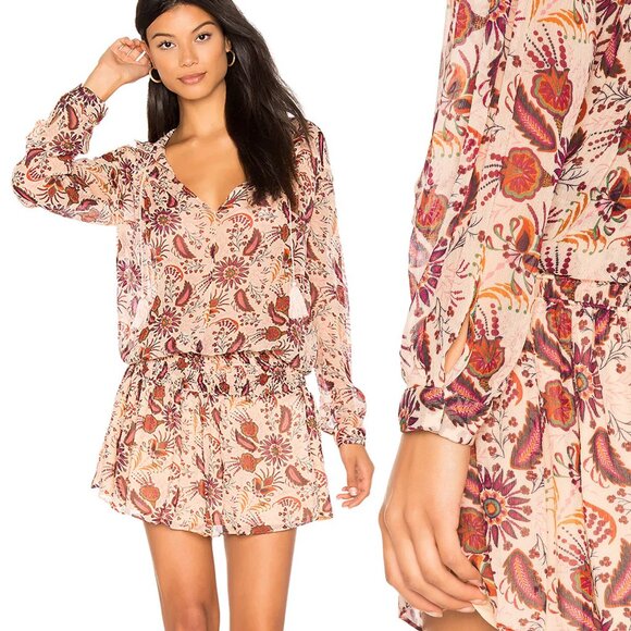 Ba&sh Yanis Mini Dress in Nude Red Paisley Smocked Drop Waist Floral L Sz 3 $320 - Picture 2 of 16